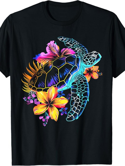 Men's Graphic T-Shirt Neon Glow Flowers With Tropical Leaves Surrounding A Sea Turtle