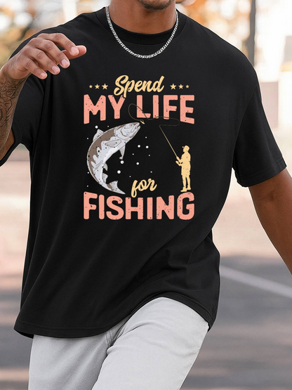 Men's Graphic T-Shirt Spend My Life For Fishing Moonlight Forest With Leaping Fish And Lone Fisherman