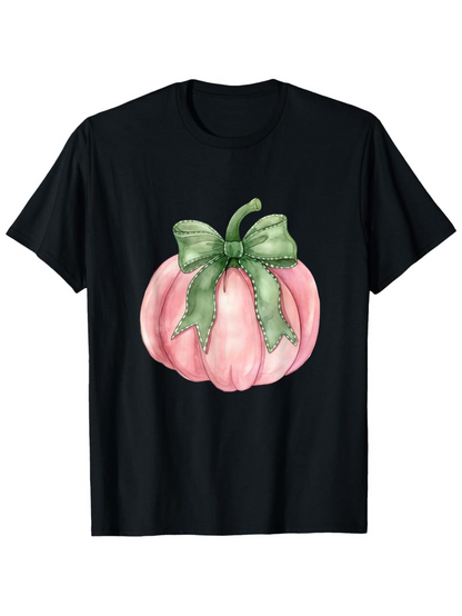 Men's Graphic T-Shirt Hand Painted Pink Pumpkin With Large Green Bow Pumpkin