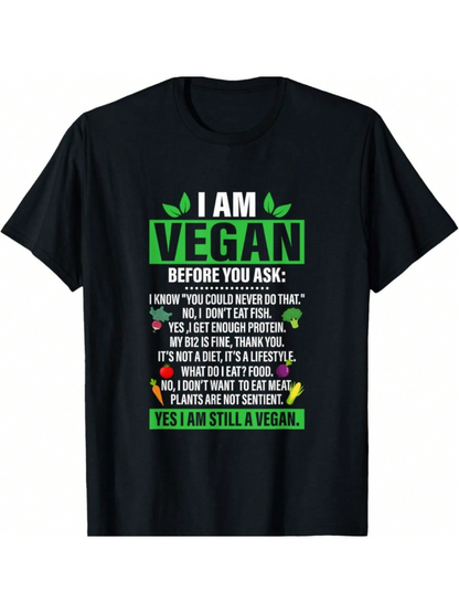 Men's Graphic T-Shirt I Am Vegan Colorful Lettering With Leaf Icons Black T Shirt