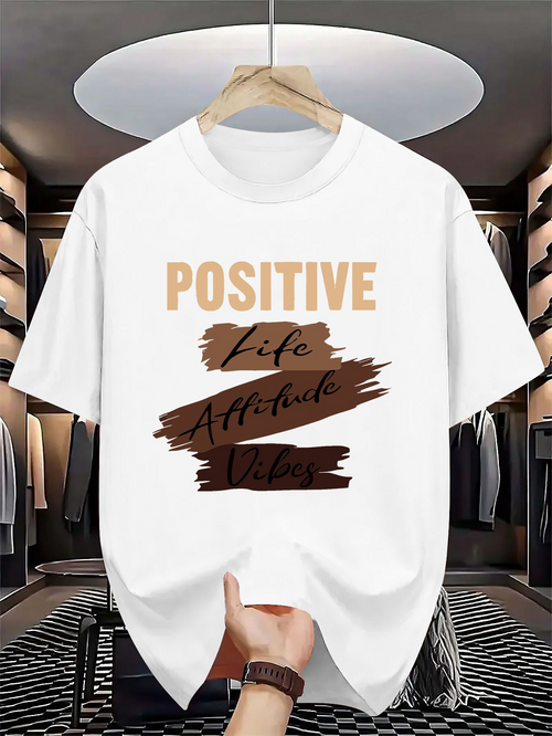 Men's Graphic T-Shirt Positive Life Attitude Vibes With Neutral Color Brushstroke Pattern
