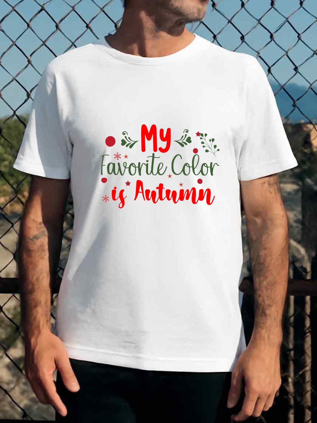 Men's Graphic T-Shirt My Favorite Color Is Autumn Leaf Sprigs With Red Accents Under Seasonal Letters