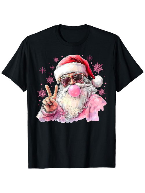 Men's Graphic T-Shirt Festive Pink Bubble With Star Accents And Peace Gesture Santa Claus
