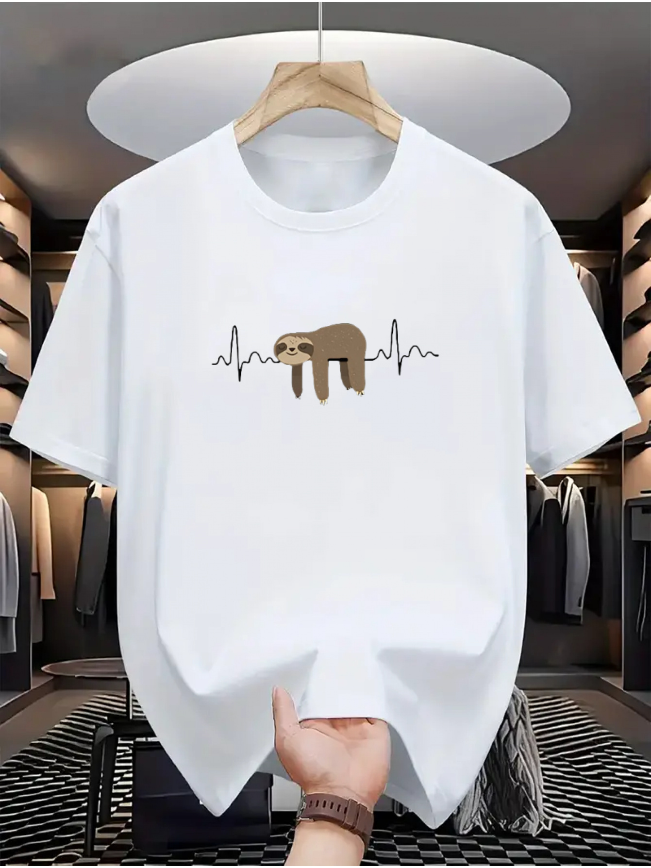 Men's Graphic T-Shirt Heartbeat Line With Gentle Brown Bear Wandering Calmly Wilderness