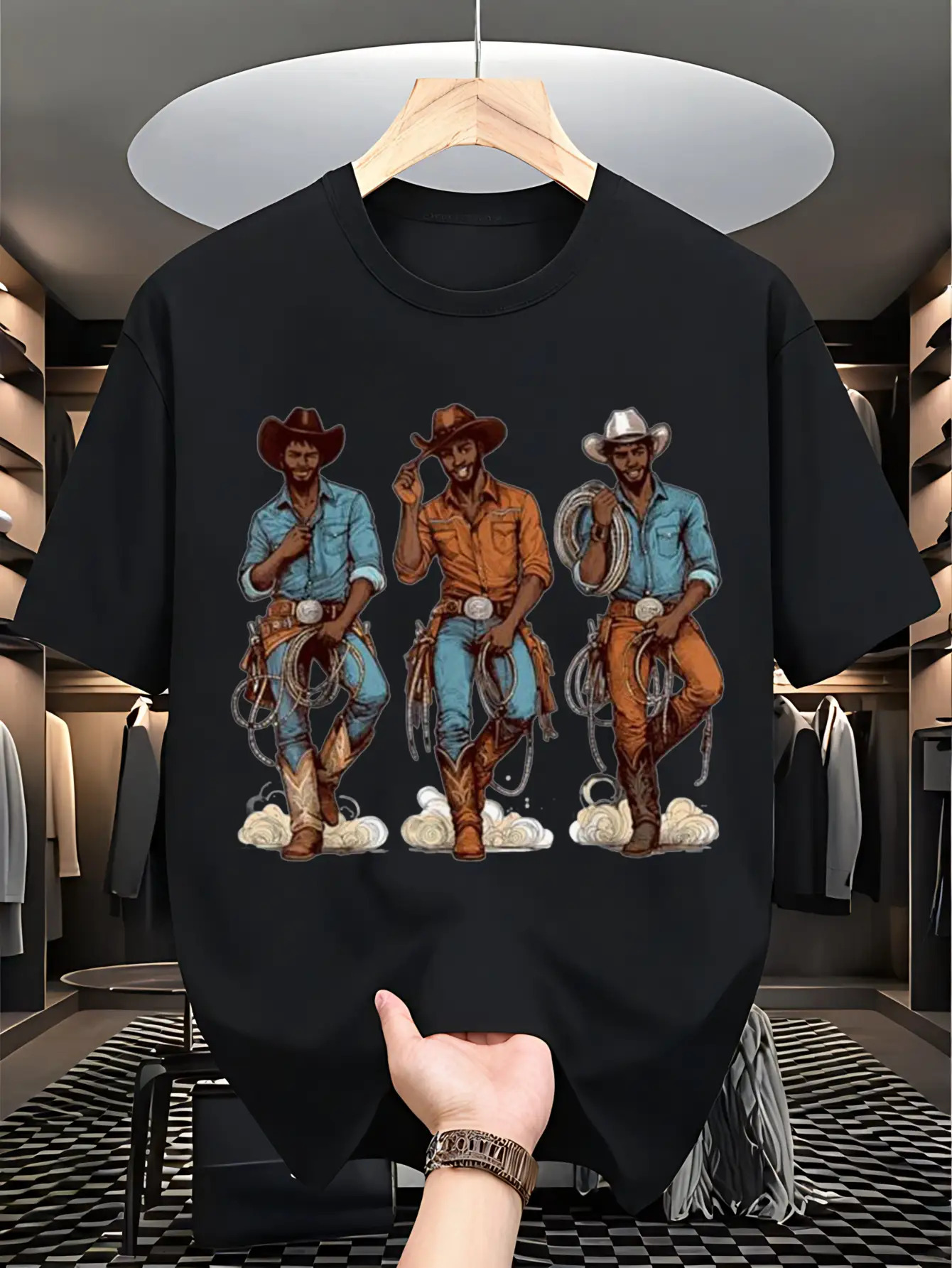 Men's Graphic T-Shirt Classic Western Cowboys In Denim And Leather Standing Among Clouds