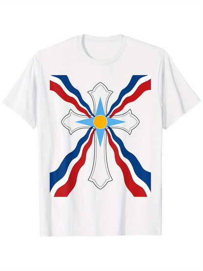 Women's Graphic T-Shirt Shining Light With Radiating Red And Blue Lines Surrounding White Cross