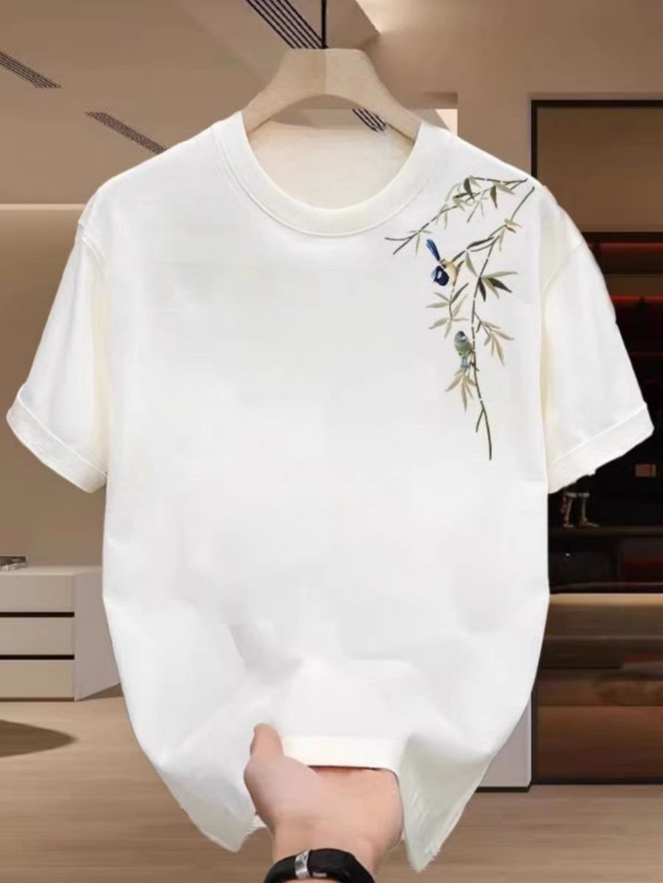 Men's Graphic T-Shirt Delicate Embroidered Bamboo Branch With Blue Accent On Classic Minimalist T Shirt
