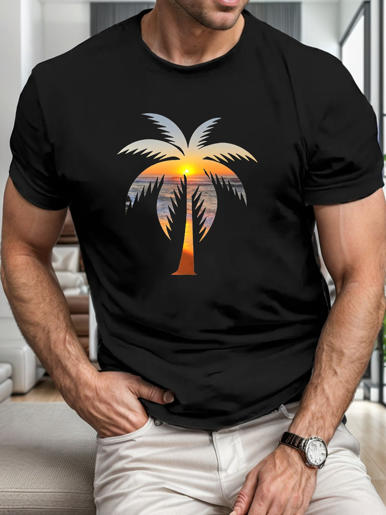 Men's Graphic T-Shirt Golden Sunset With Silhouette Palm Tree And Tropical Evening Sky Palm Tree