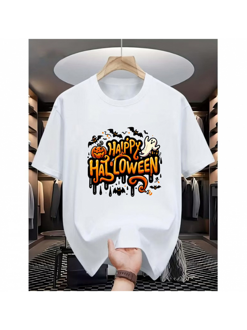 Men's Graphic T-Shirt Happy Halloween With Dripping Orange Letters Bats And Pumpkin Halloween