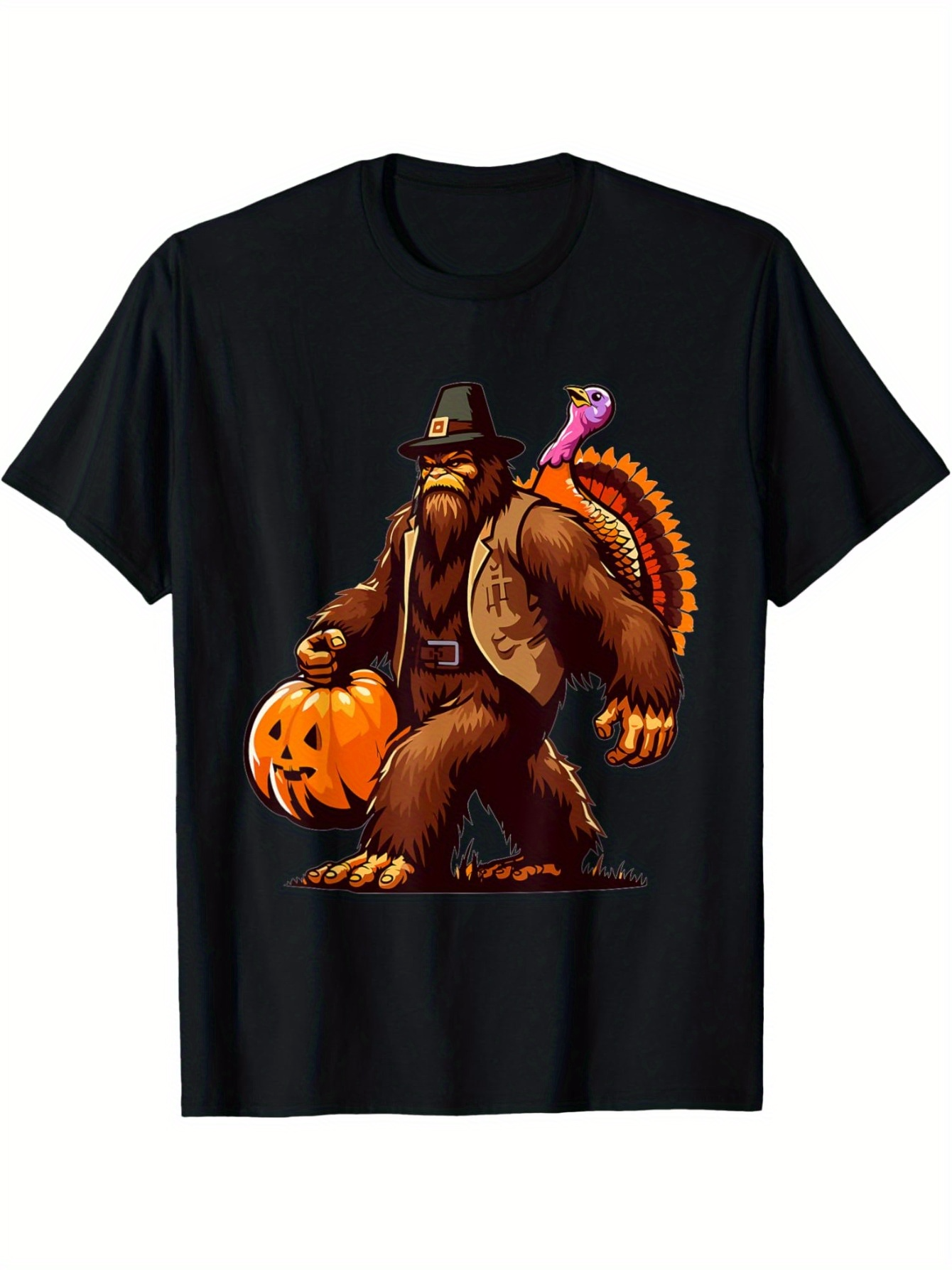 Men's Graphic T-Shirt Bigfoot With Pumpkin Lantern And Colorful Turkey Companion