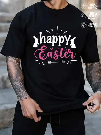 Men's Graphic T-Shirt Happy Easter With Playful White Bunnies And Pink Lettering Surrounded By Arrow Design