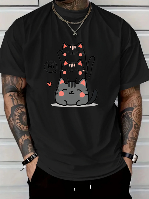 Men's Graphic T-Shirt Playful Cartoon Cats With Pink Hearts On Black Cat