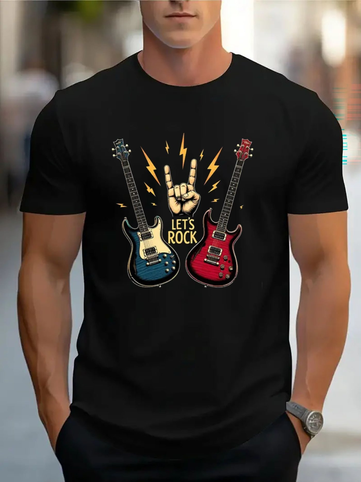 Men's Graphic T-Shirt Lets Rock With Lightning Among Electric Guitars And Raised Hand