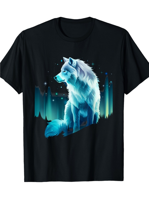 Men's Graphic T-Shirt Northern Lights Glow With Blue Night Surrounding Majestic Wolf