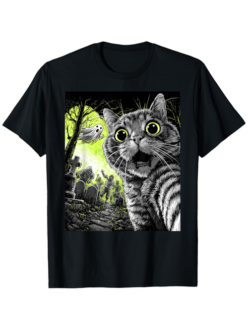 Men's Graphic T-Shirt Enchanted Night Forest With Wide Eyed Cat Surrounded By Glowing Light