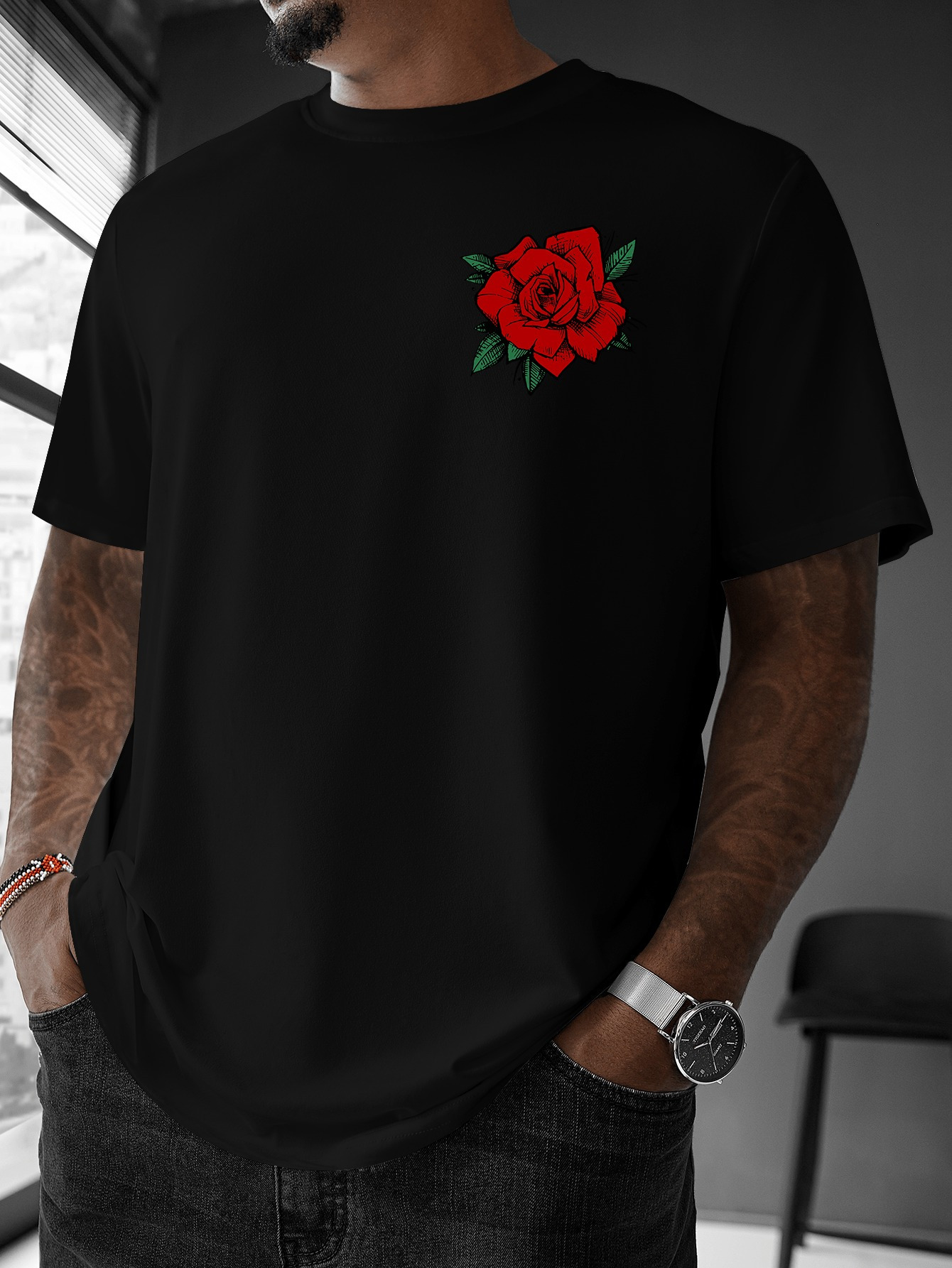Men's Graphic T-Shirt Vibrant Red Rose With Deep Green Leaves On Black Shirt Rose