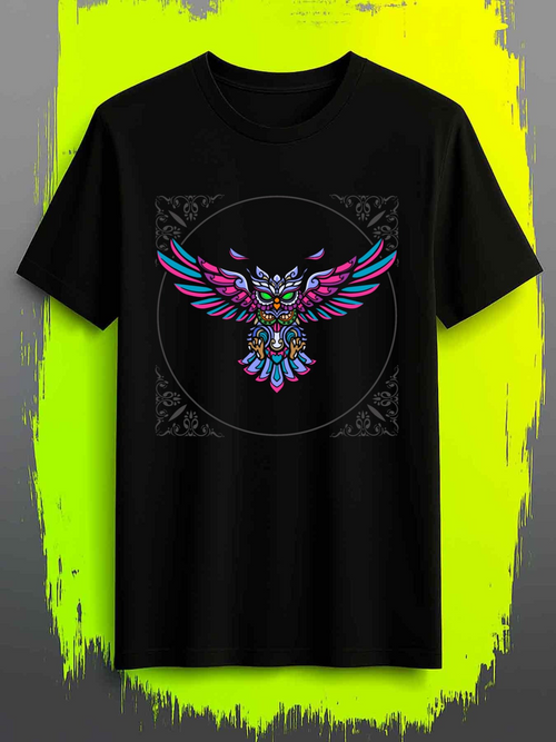 Men's Graphic T-Shirt Vivid Geometric Motif With Colorful Wings Centered On Majestic Owl