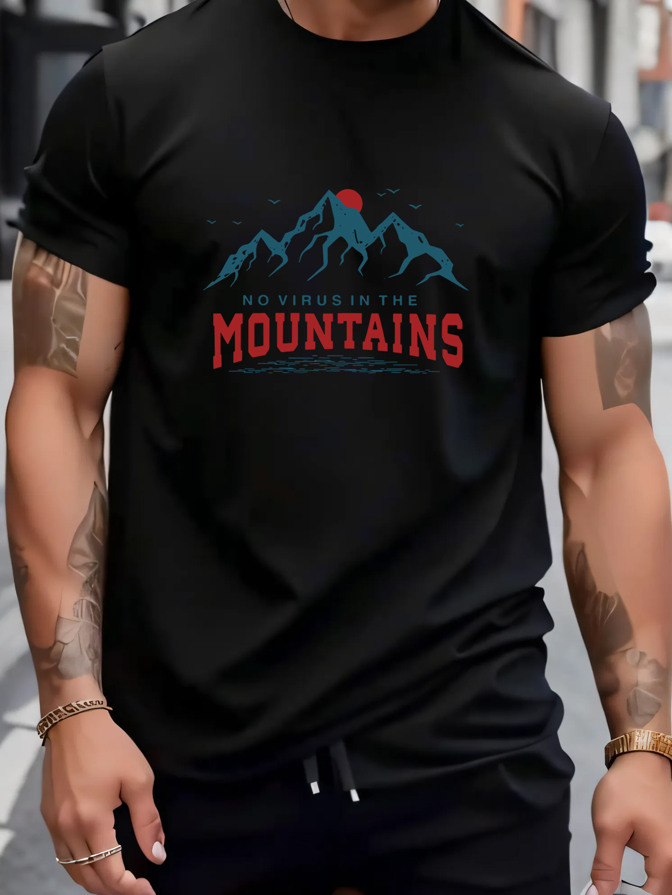 Men's Graphic T-Shirt Red Sun Over Blue Peaks Mountain Themed Mountains