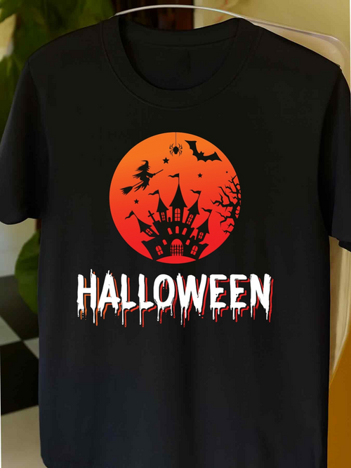 Men's Graphic T-Shirt Halloween Haunted Castle Under Orange Moon With Flying Bats And Bare Trees