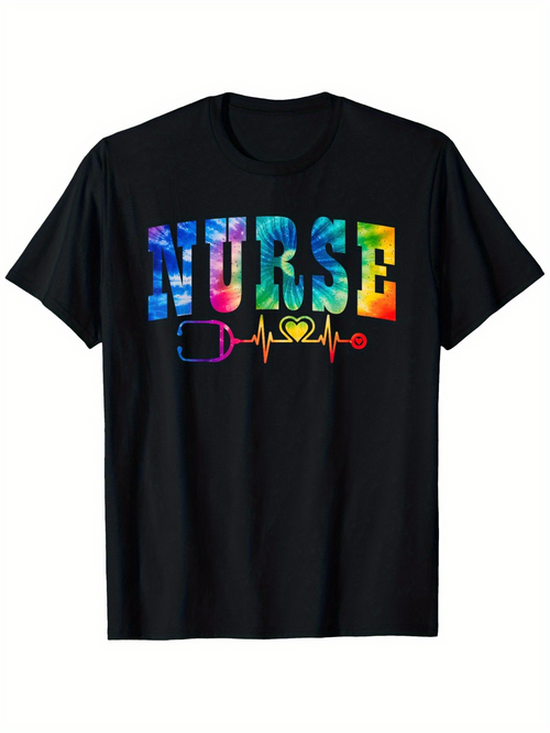 Men's Graphic T-Shirt Colorful Letters With Stethoscope Heart And Lifeline Nurse