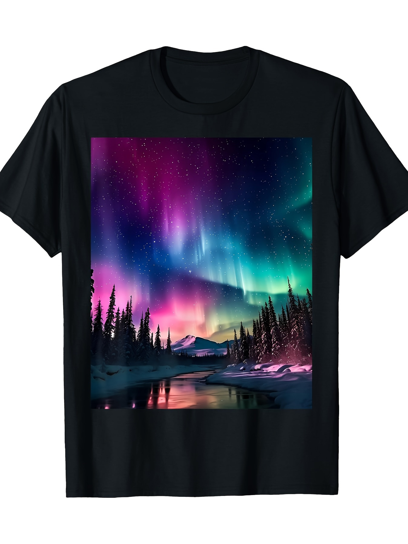 Men's Graphic T-Shirt Colorful Northern Lights Above Forest And Mountain Landscape