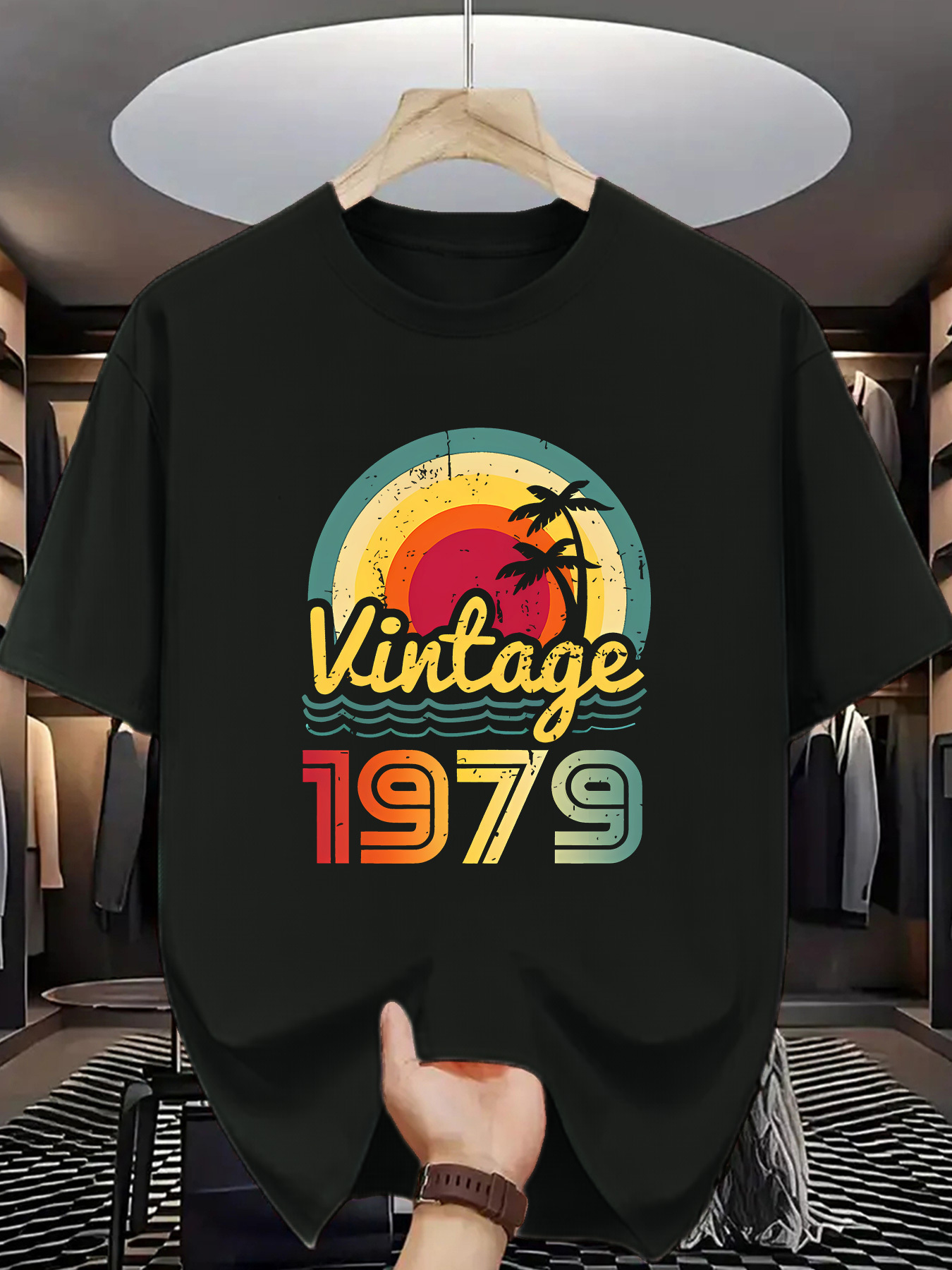 Men's Graphic T-Shirt Vintage Sunset With Retro Rainbow Palm Tree 1979