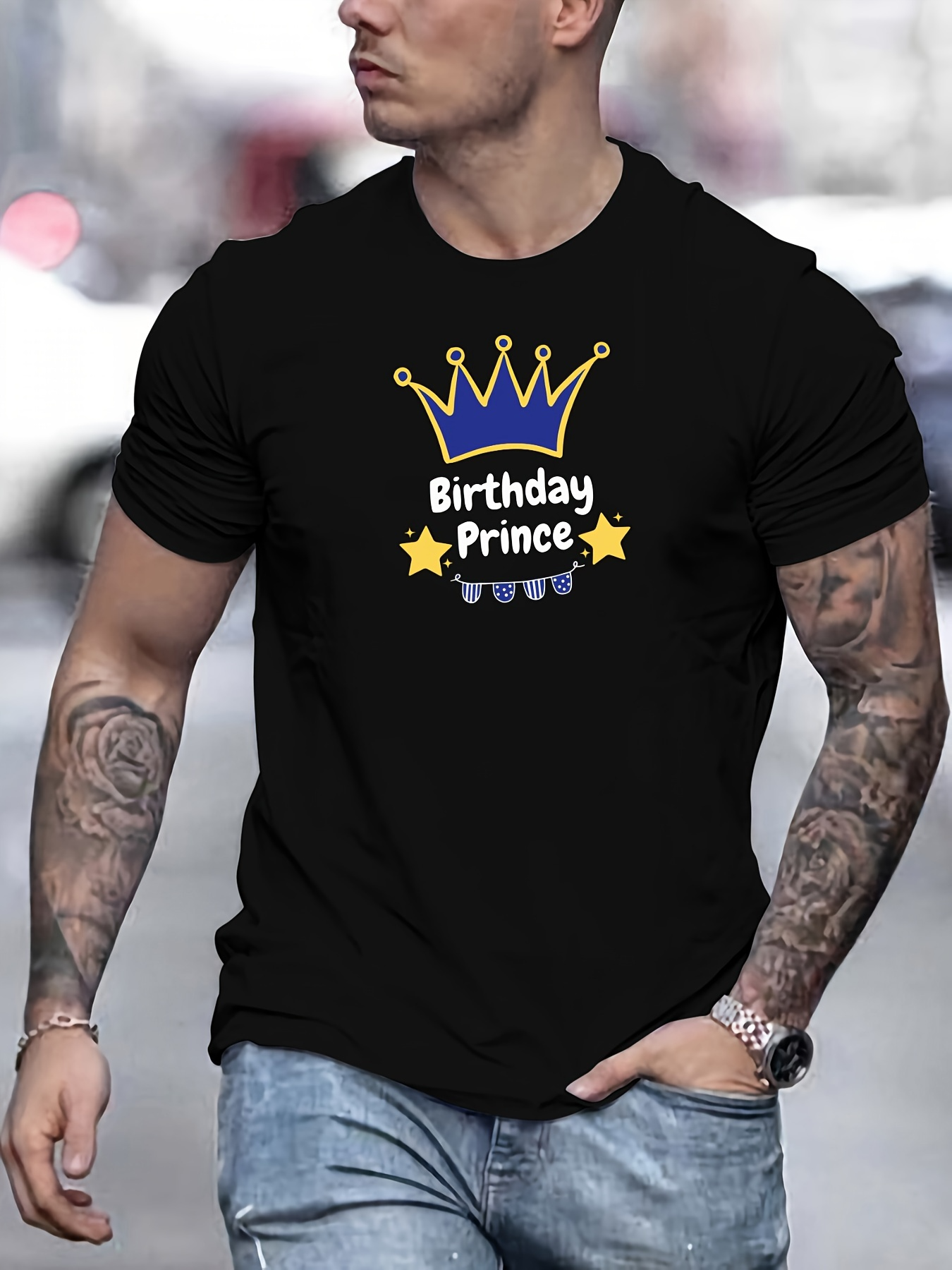 Men's Graphic T-Shirt Birthday Prince Gold Crown With Stars And Blue Lettering Prince