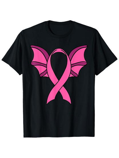 Men's Graphic T-Shirt Pink Awareness Ribbon With Bat Wings Under Dark Shadows Ribbon