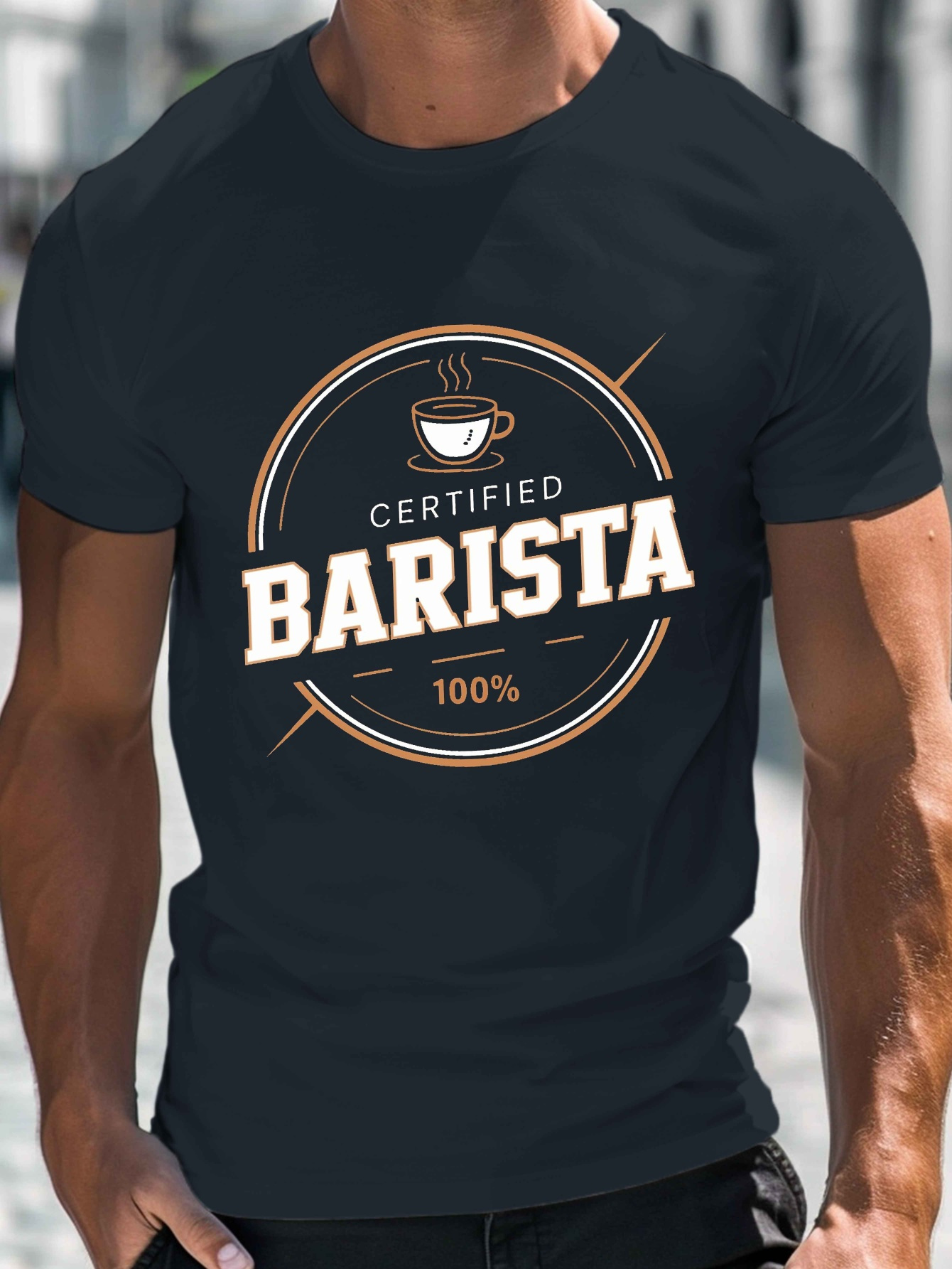 Men's Graphic T-Shirt Certified 100 Percent Badge With Coffee Cup Barista