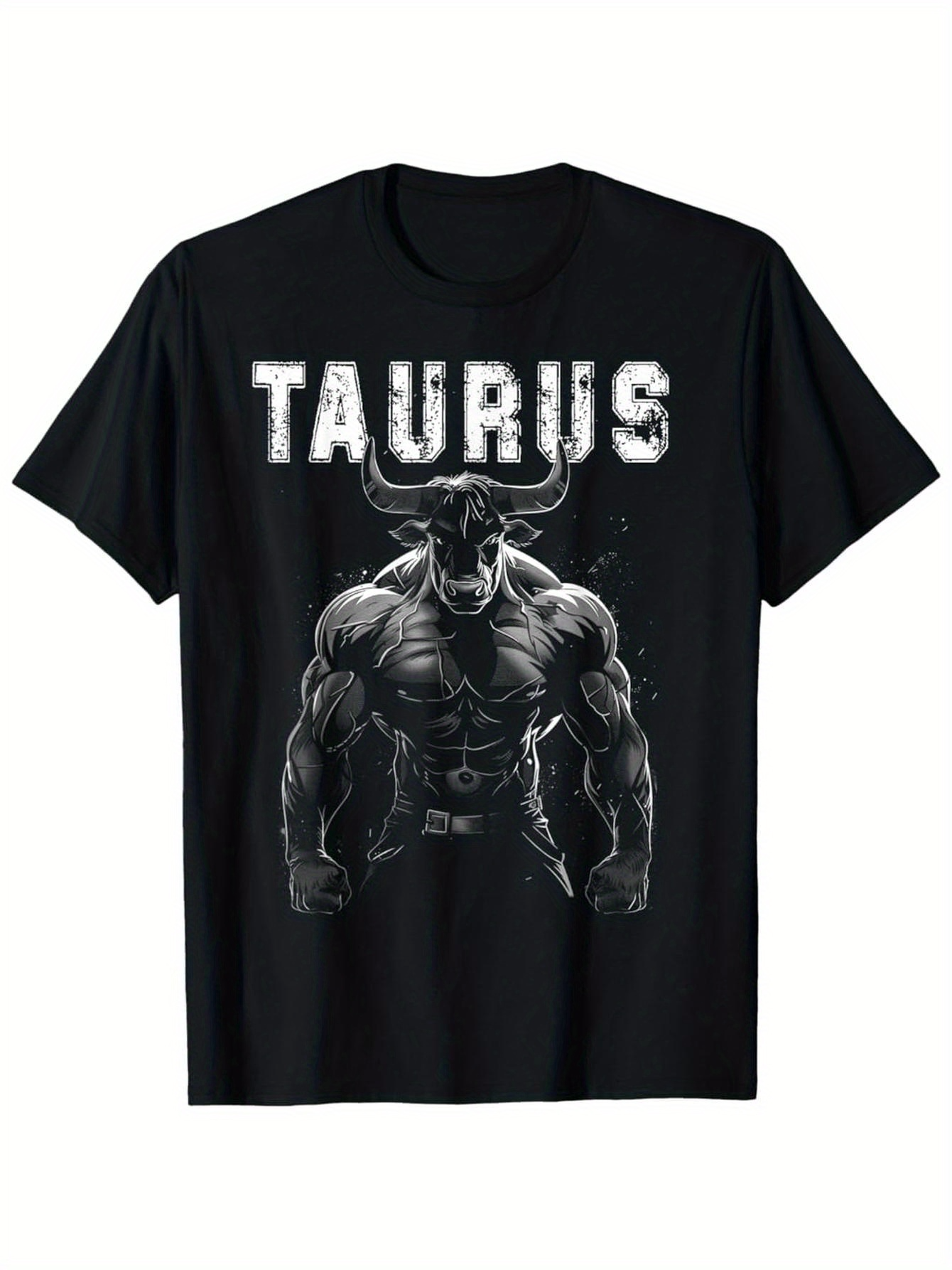 Men's Graphic T-Shirt Taurus Bold Text Over Muscular Mythical Minotaur With Shadow Effects
