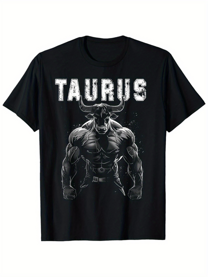 Men's Graphic T-Shirt Taurus Bold Text Over Muscular Mythical Minotaur With Shadow Effects