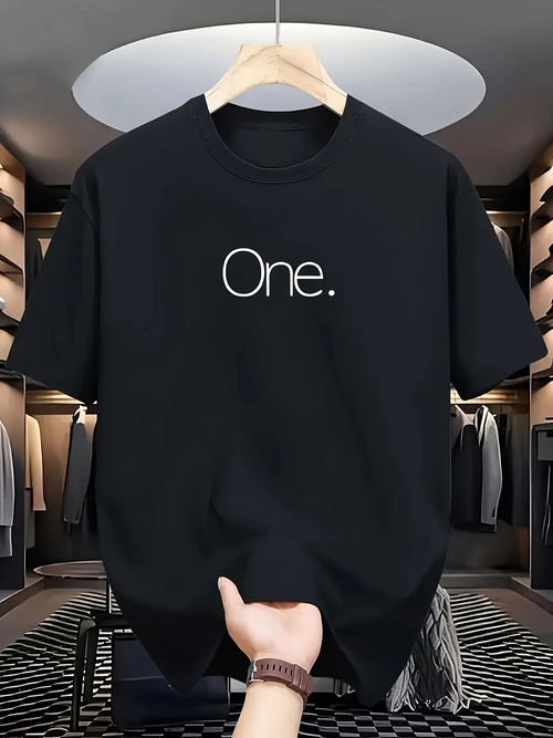 Men's Graphic T-Shirt Minimal Lettering On Solid Black Fabric With Subtle Modern Texture One