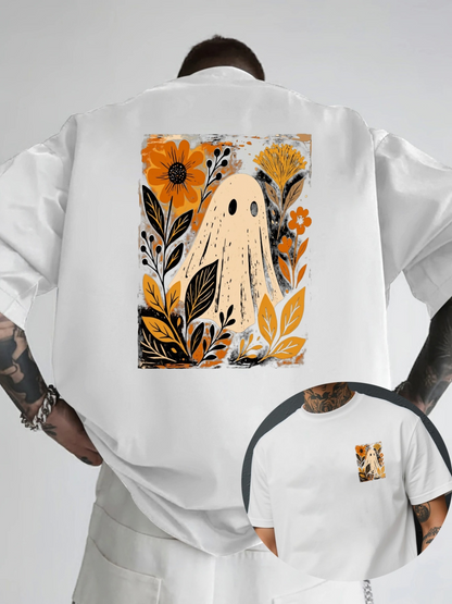 Men's Graphic T-Shirt Autumn Blooms With Orange Petals Surrounding A Whimsical Ghost