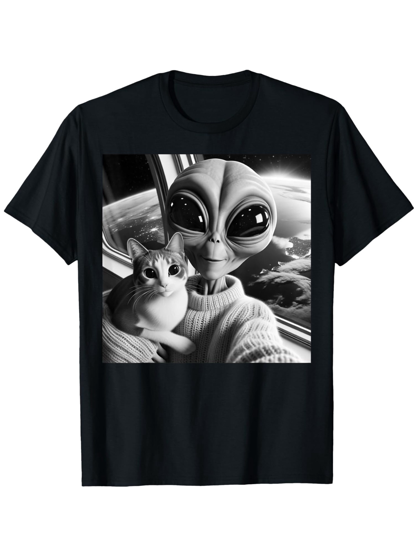Men's Graphic T-Shirt Outer Space Window Scene With Cat And Friendly Smiling Alien