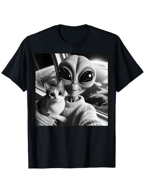 Men's Graphic T-Shirt Outer Space Window Scene With Cat And Friendly Smiling Alien