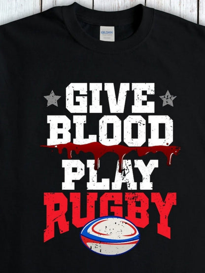 Men's Graphic T-Shirt Give Blood Play Rugby With Blood Splatter And Rugby Ball