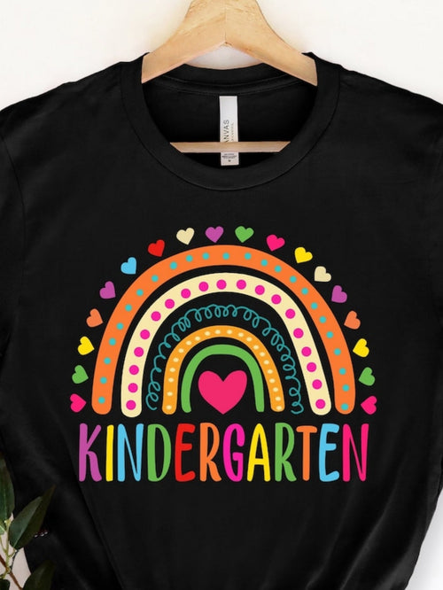 Women's Graphic T-Shirt Kindergarten Colorful Rainbow Hearts With Dots And Love Motif Centerpiece