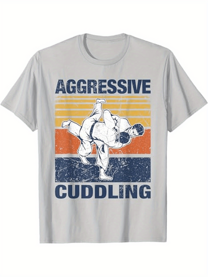 Men's Graphic T-Shirt Aggressive Cuddling Retro Striped Backdrop Featuring Judo Grappling Scene