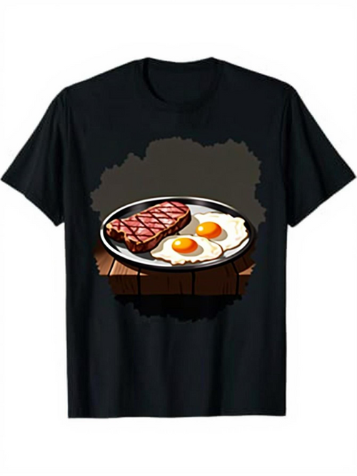 Men's Graphic T-Shirt Rustic Wooden Tabletop With Fried Eggs And Juicy Grilled Steak Plate