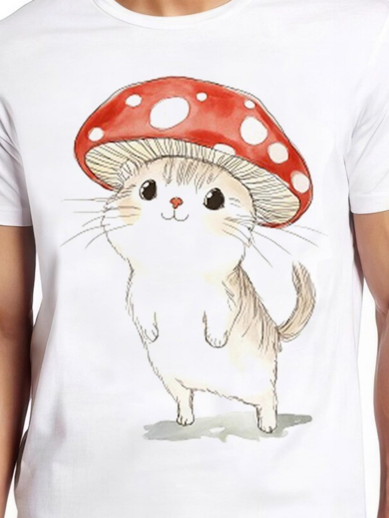 Men's Graphic T-Shirt Whimsical Cat With Red Mushroom Hat Illustrating Forest Vibes