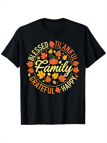 Men's Graphic T-Shirt Blessed Grateful Thankful Happy Family Surrounded By Autumn Leaves Pumpkin