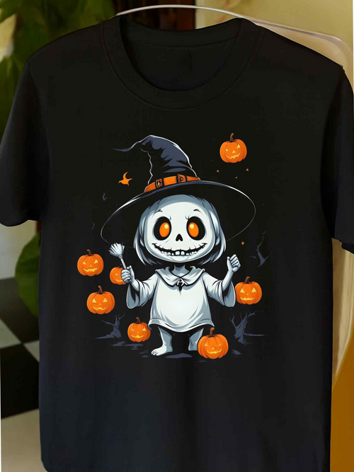 Men's Graphic T-Shirt Whimsical Halloween Cartoon Pumpkins With Cute Skeleton Witch Figure