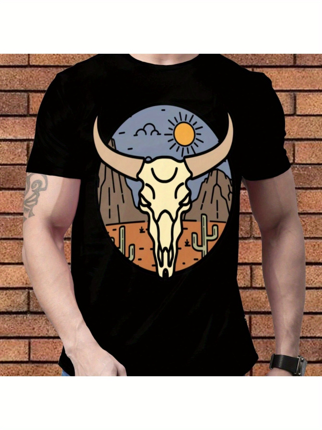 Men's Graphic T-Shirt Desert Landscape Under Bright Sun With Mountain View And Bull Skull