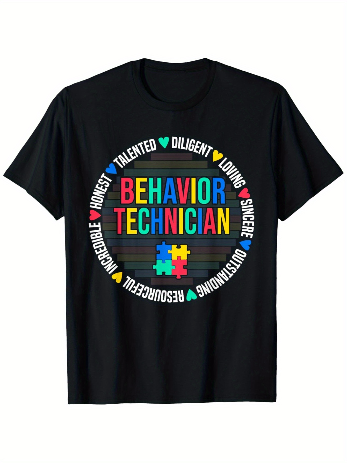 Men's Graphic T-Shirt Behavior Technician Colorful Lettering With Puzzle Piece Surrounded By Heart Icons