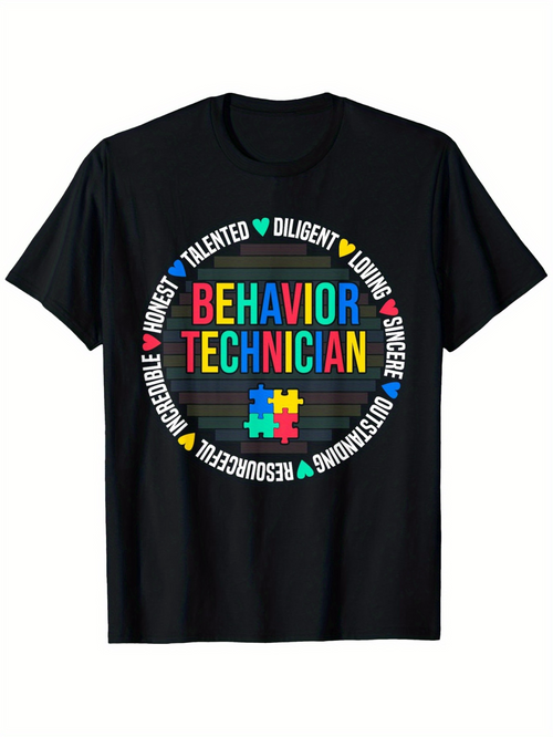 Men's Graphic T-Shirt Behavior Technician Colorful Lettering With Puzzle Piece Surrounded By Heart Icons