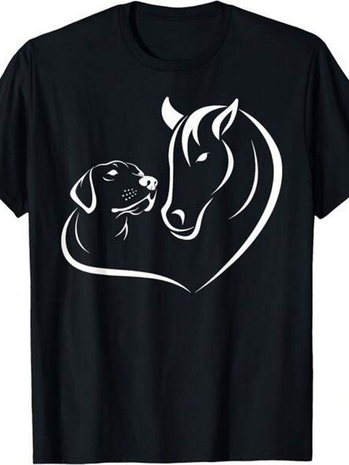 Men's Graphic T-Shirt Minimalist Heart Shaped Outline With Dog And Graceful Horse