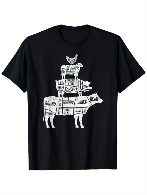 Men's Graphic T-Shirt Vintage Butcher Guide Cuts Diagram With Farm Animal Stack Cow