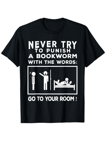 Men's Graphic T-Shirt Never Try To Punish A Bookworm Humorous Bedroom Companionship Stick Figure Design
