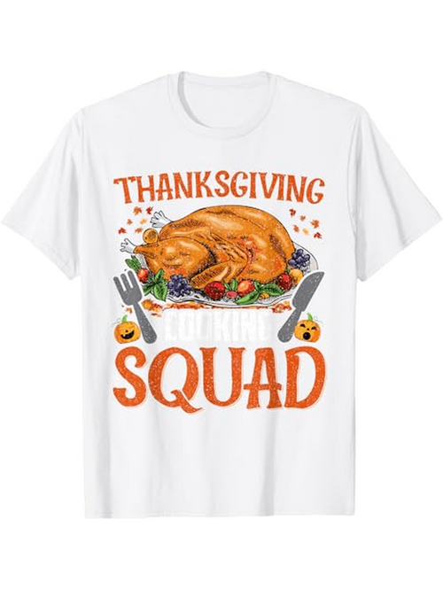 Men's Graphic T-Shirt Thanksgiving Squad Juicy Turkey Surrounded By Autumn Vegetables And Festive Utensils