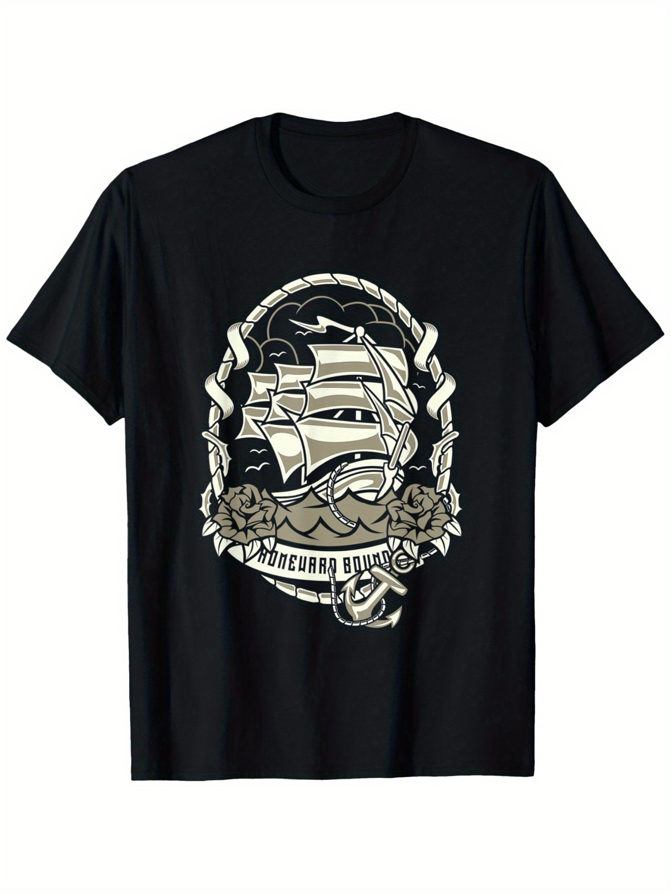 Men's Graphic T-Shirt Classic Vintage Tattoo Style Tall Ship Sailing On Waves Surrounded By Rope